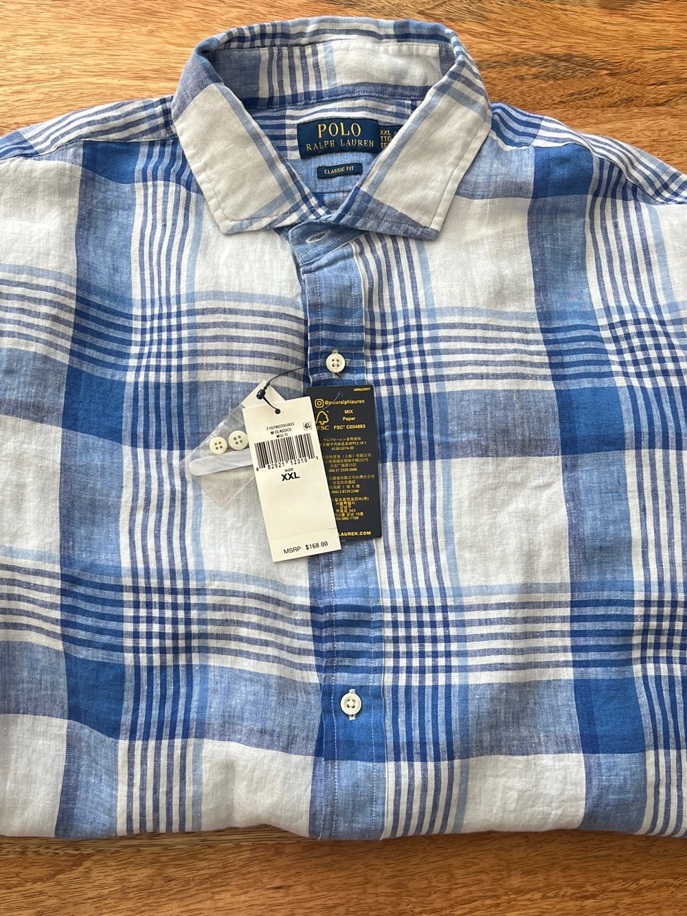 Polo by Ralph Lauren Blue & White Plaid 100% LINEN Shirt - Classic Fit XXL NWT